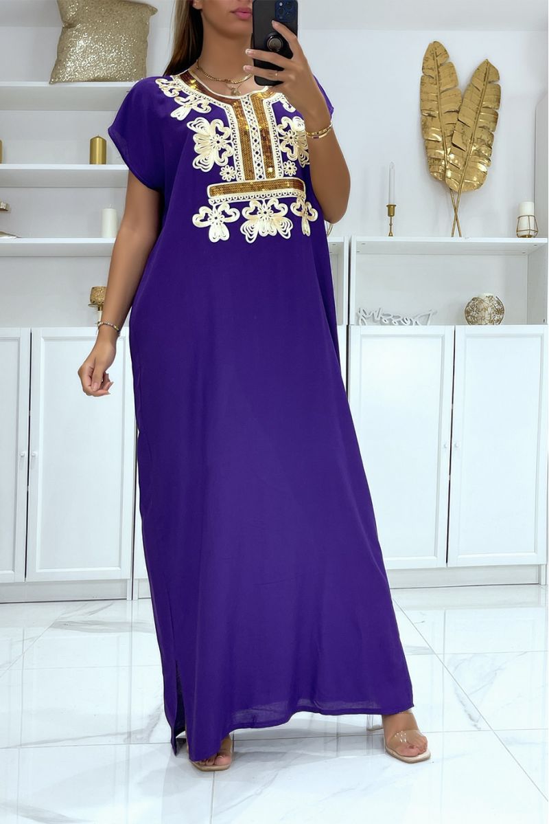 Purple djellaba dress very comfortable to wear with pretty embroidery and sequins - 2