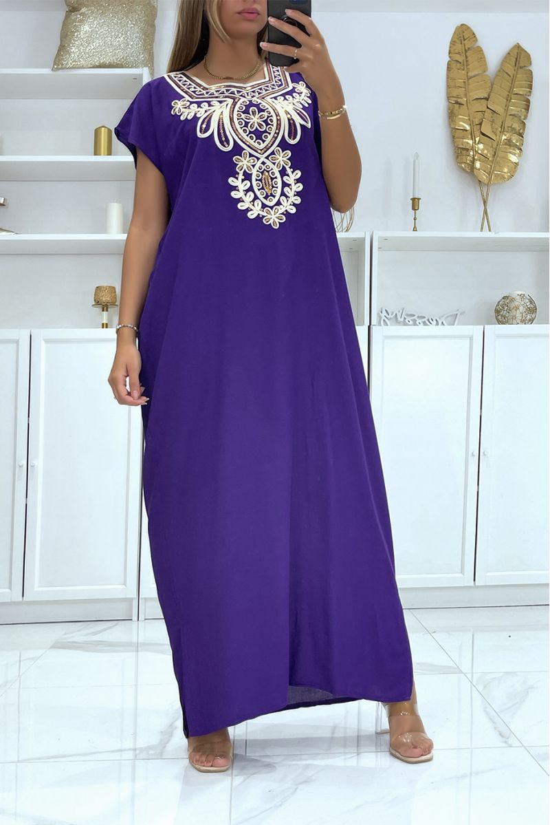 Purple djellaba dress very comfortable to wear with pretty embroidery and sequins - 2