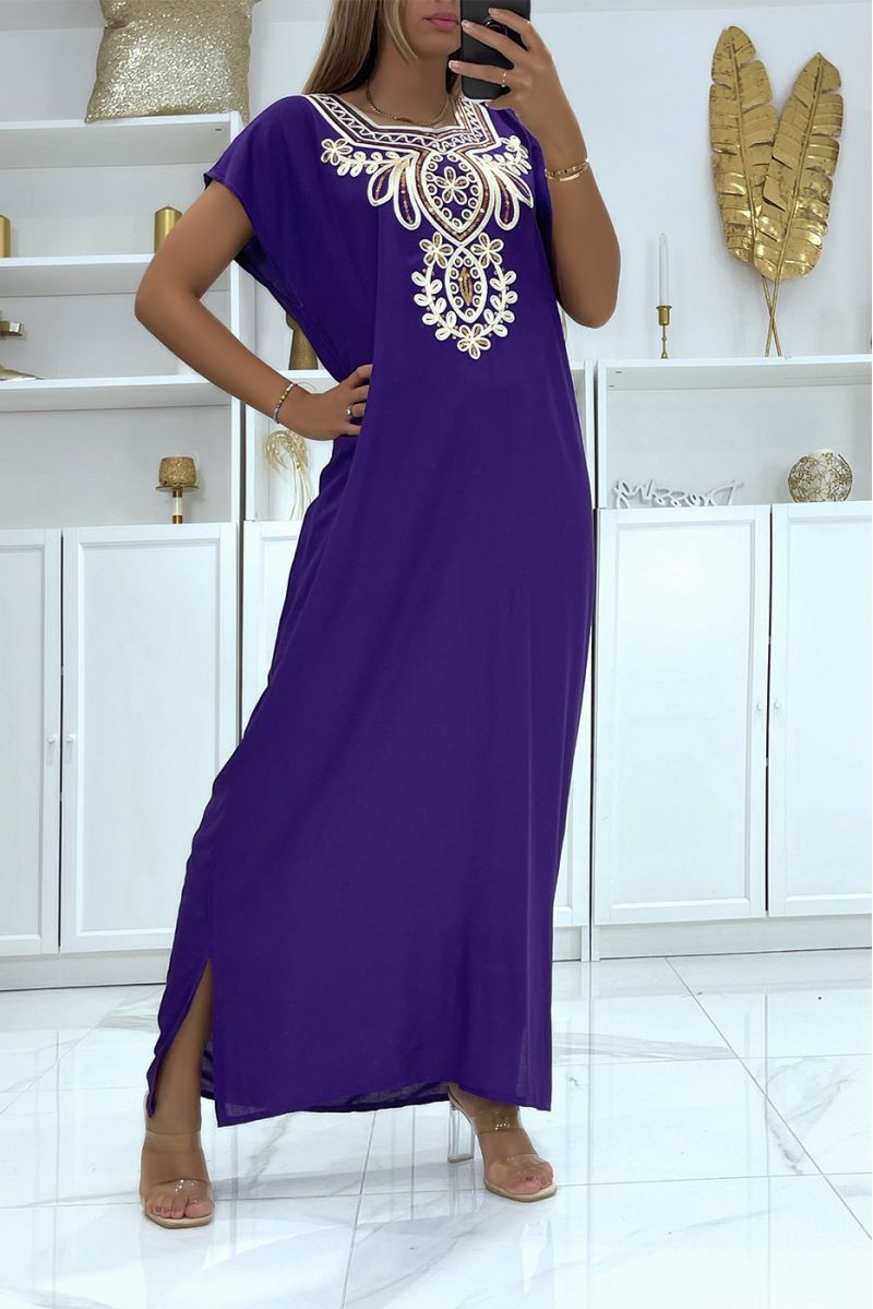 Purple djellaba dress very comfortable to wear with pretty embroidery and sequins - 3
