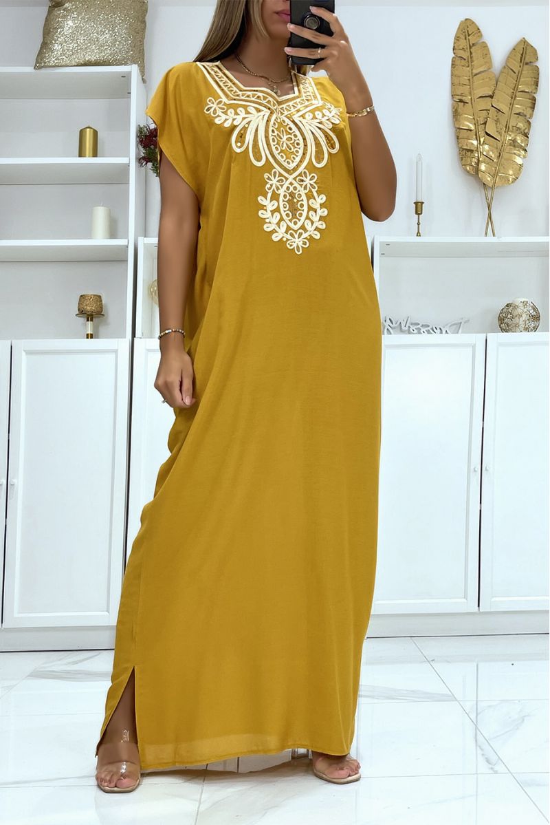 Mustard djellaba dress very comfortable to wear with pretty embroidery and sequins - 1