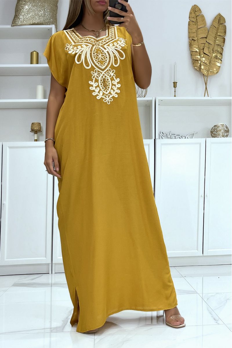 Mustard djellaba dress very comfortable to wear with pretty embroidery and sequins - 2