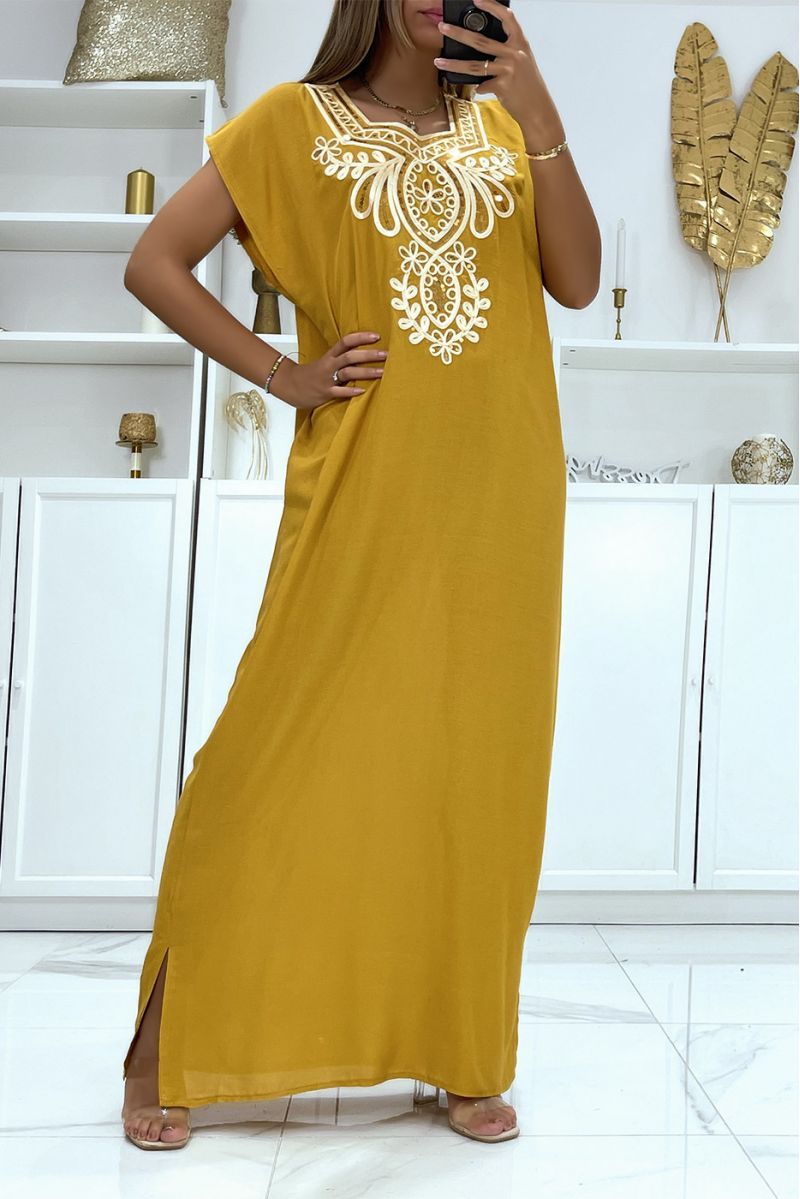 Mustard djellaba dress very comfortable to wear with pretty embroidery and sequins - 3