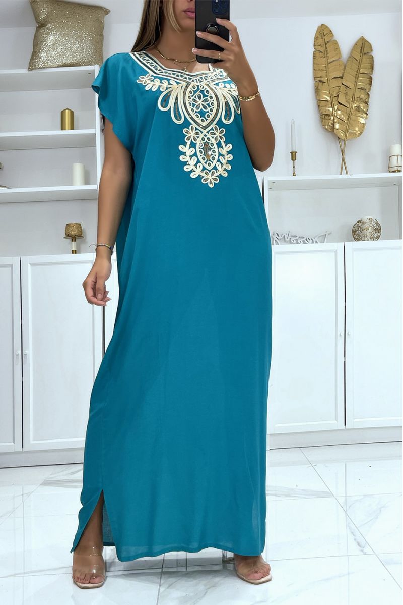 Very pleasant to wear turquoise djellaba dress with pretty embroidery and sequins - 1