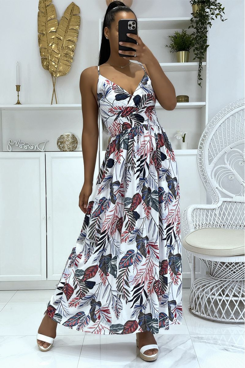 Longue robe motif floral à dominance blanche  - 1