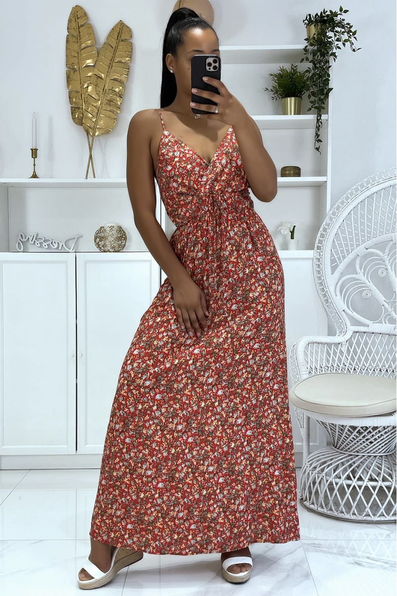 Long strappy dress with predominantly red floral pattern - 1