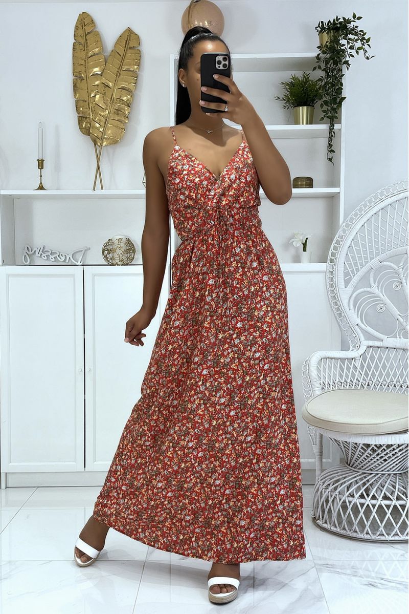 Long strappy dress with predominantly red floral pattern - 2