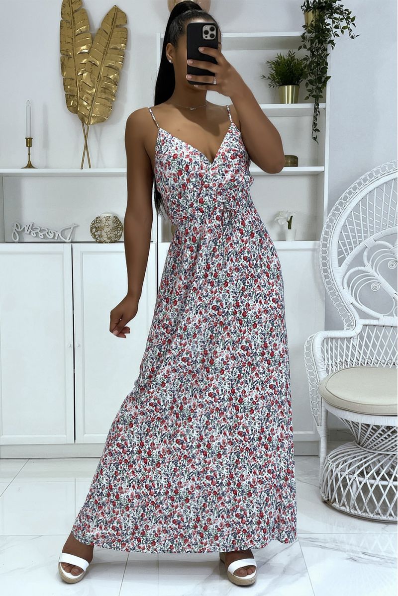 Long strappy floral pattern dress with white dominance - 1