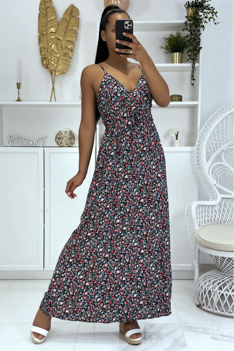 Long strappy floral pattern dress with black dominance - 1