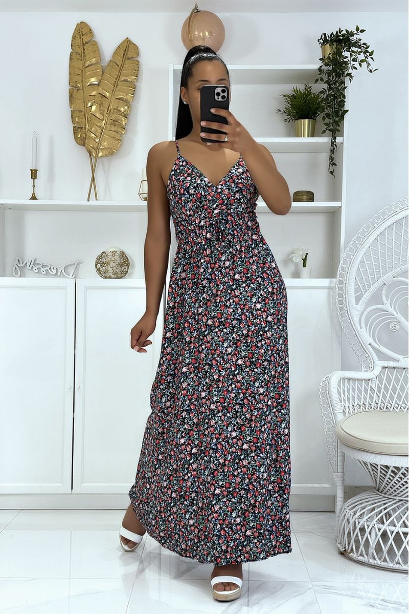 Long strappy floral pattern dress with black dominance - 2