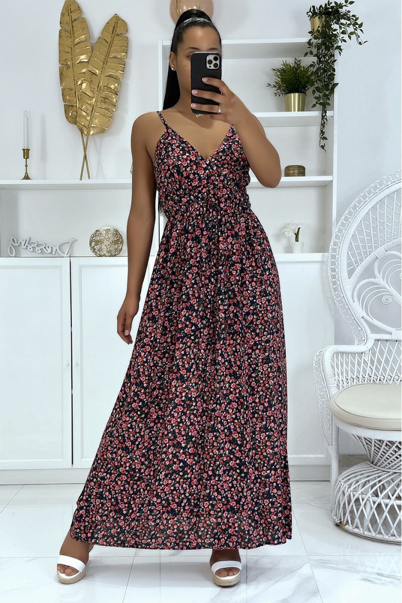 Long strappy floral pattern dress with navy dominance - 1