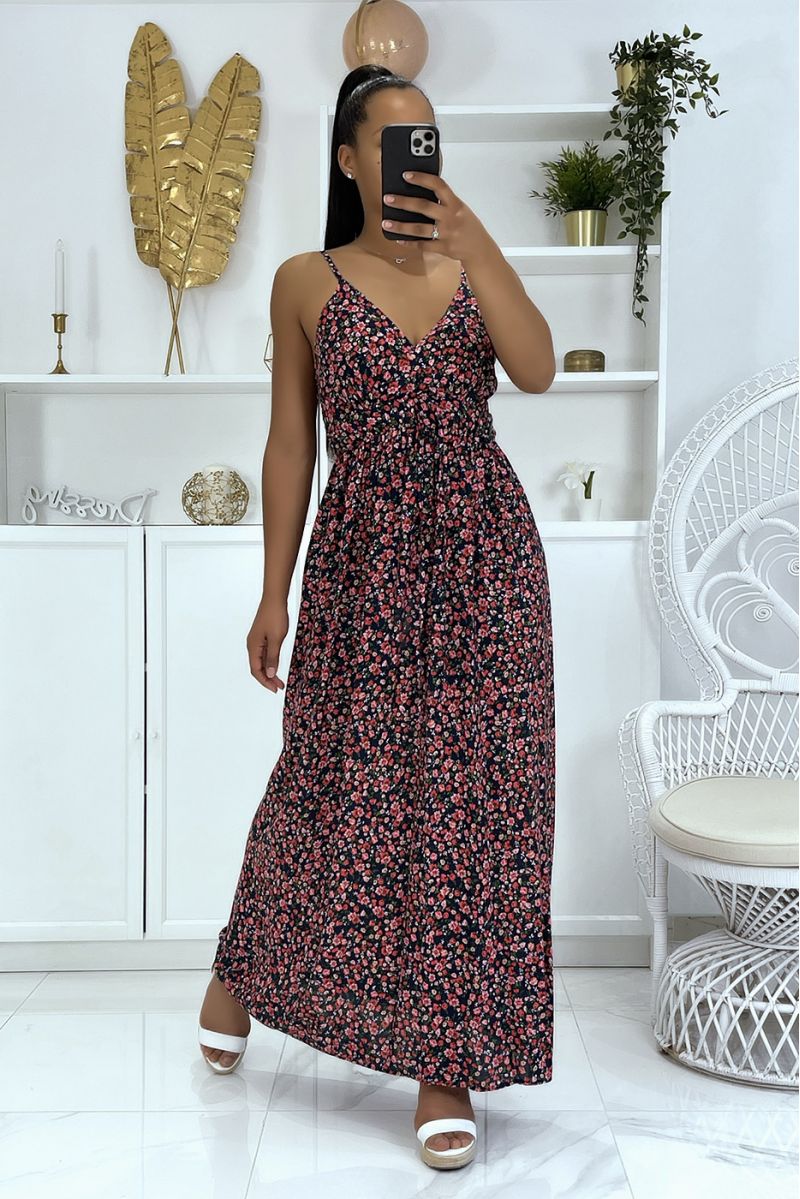 Long strappy floral pattern dress with navy dominance - 2