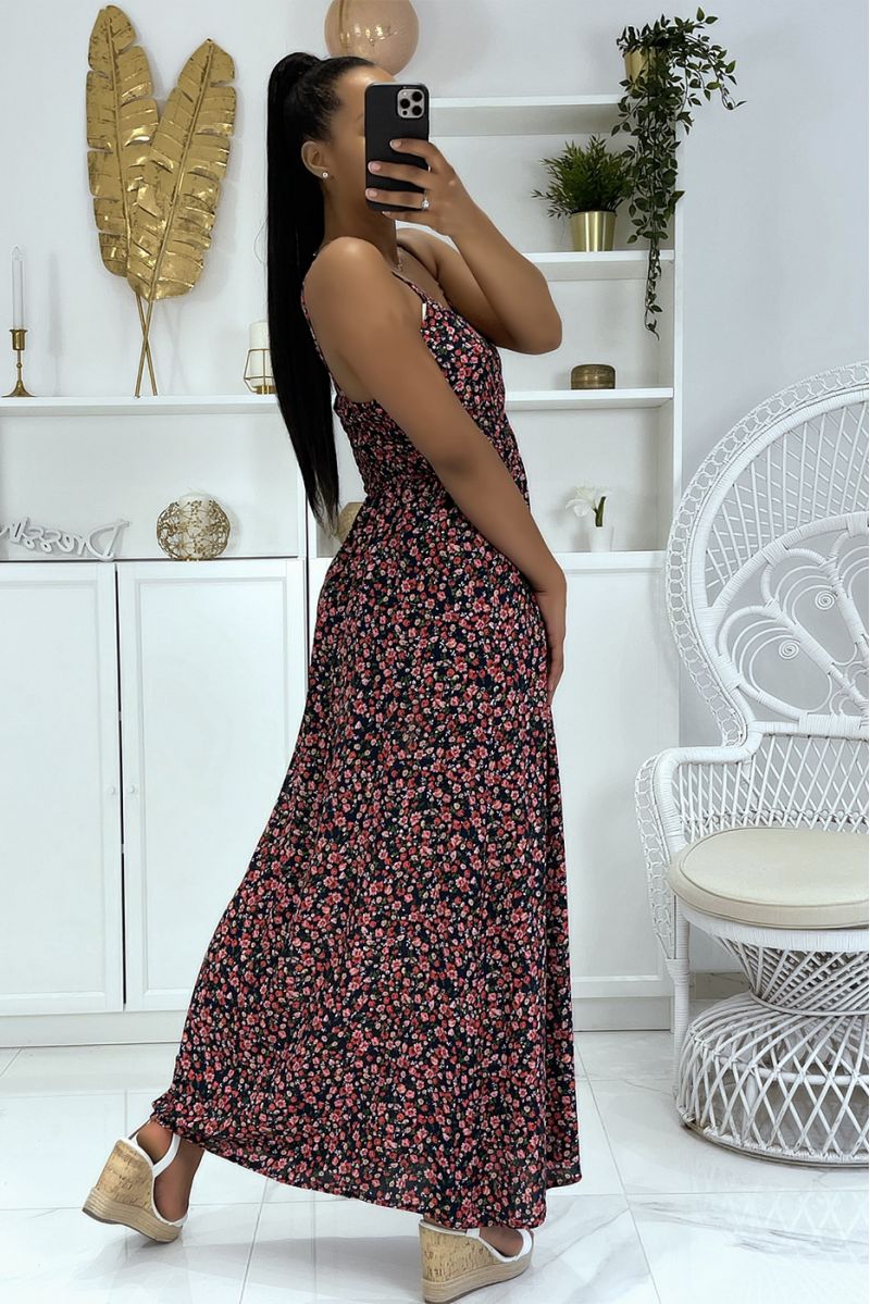 Long strappy floral pattern dress with navy dominance - 3