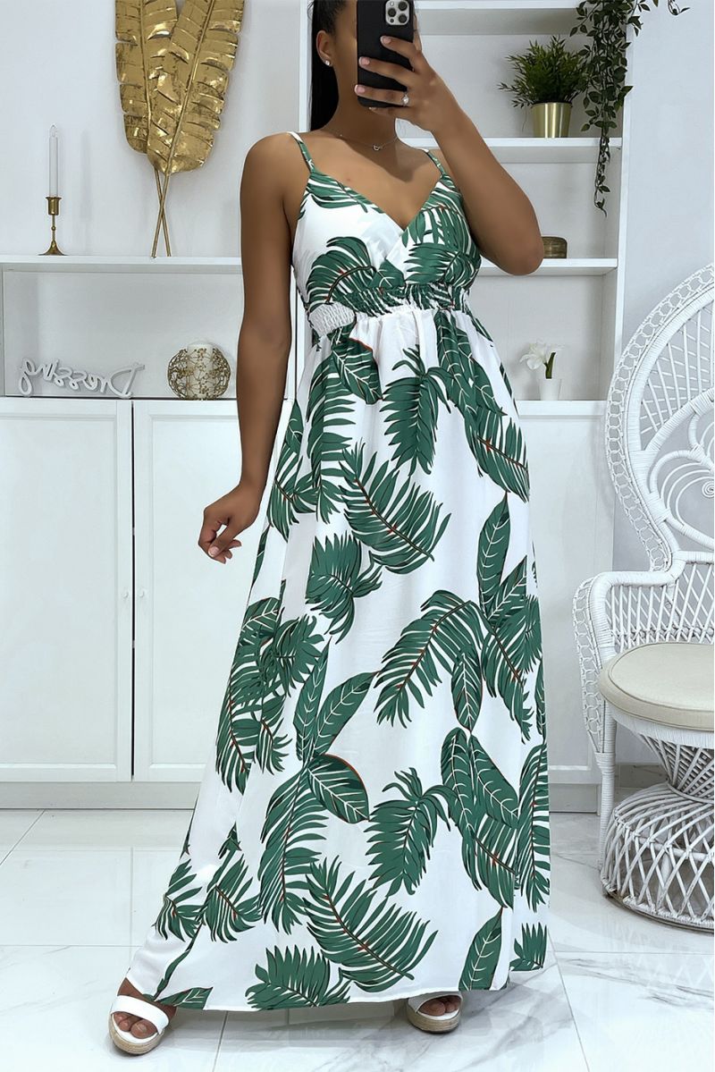 Long sheer dress with strap, foliage pattern with white dominance - 1