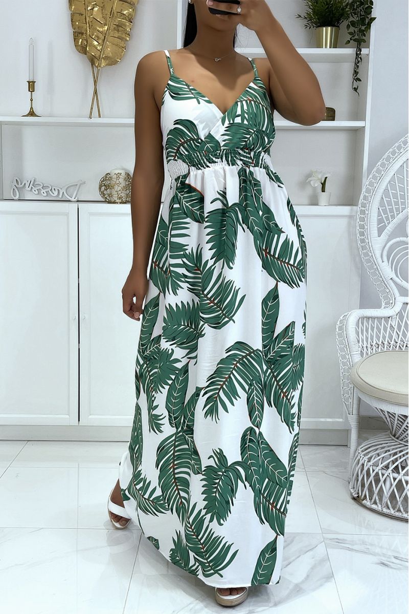Long sheer dress with strap, foliage pattern with white dominance - 2