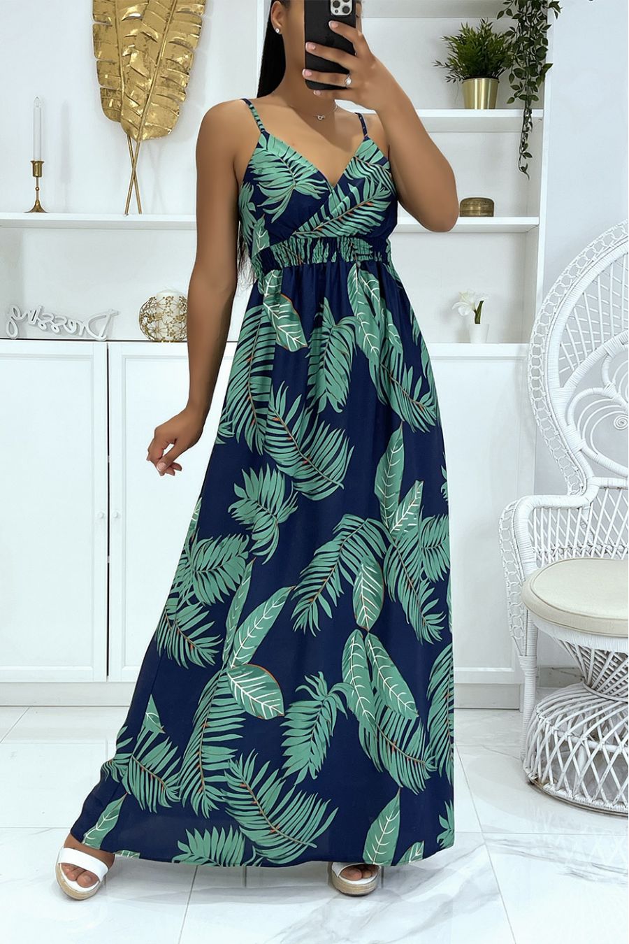 Long sheer dress with strap, predominantly navy foliage pattern