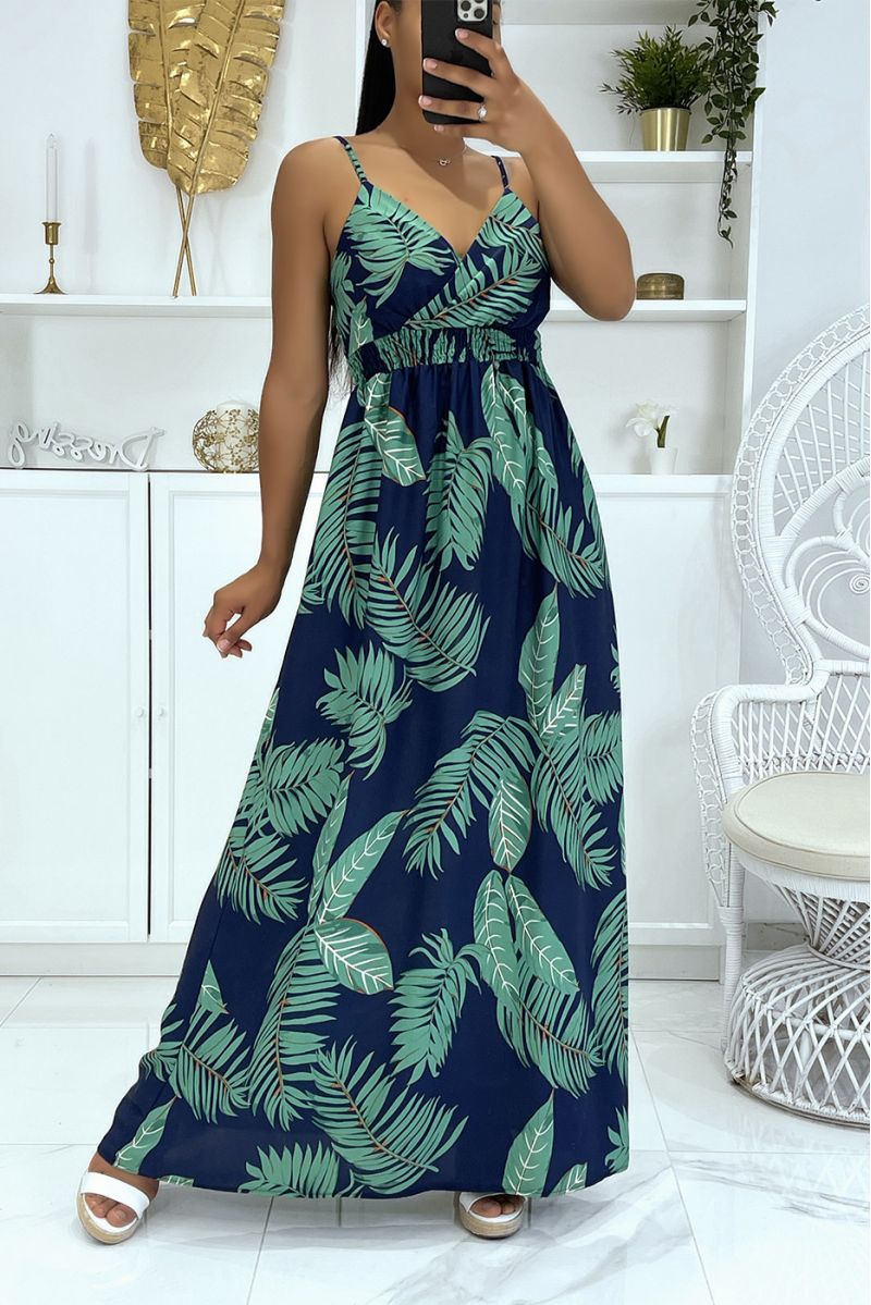 Lange doorschijnende jurk met riem, overwegend marineblauw bladpatroon - 1