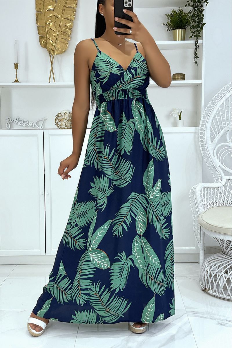 Lange doorschijnende jurk met riem, overwegend marineblauw bladpatroon - 2