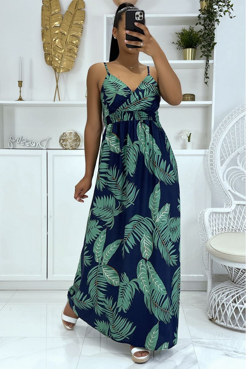 Lange doorschijnende jurk met riem, overwegend marineblauw bladpatroon - 3