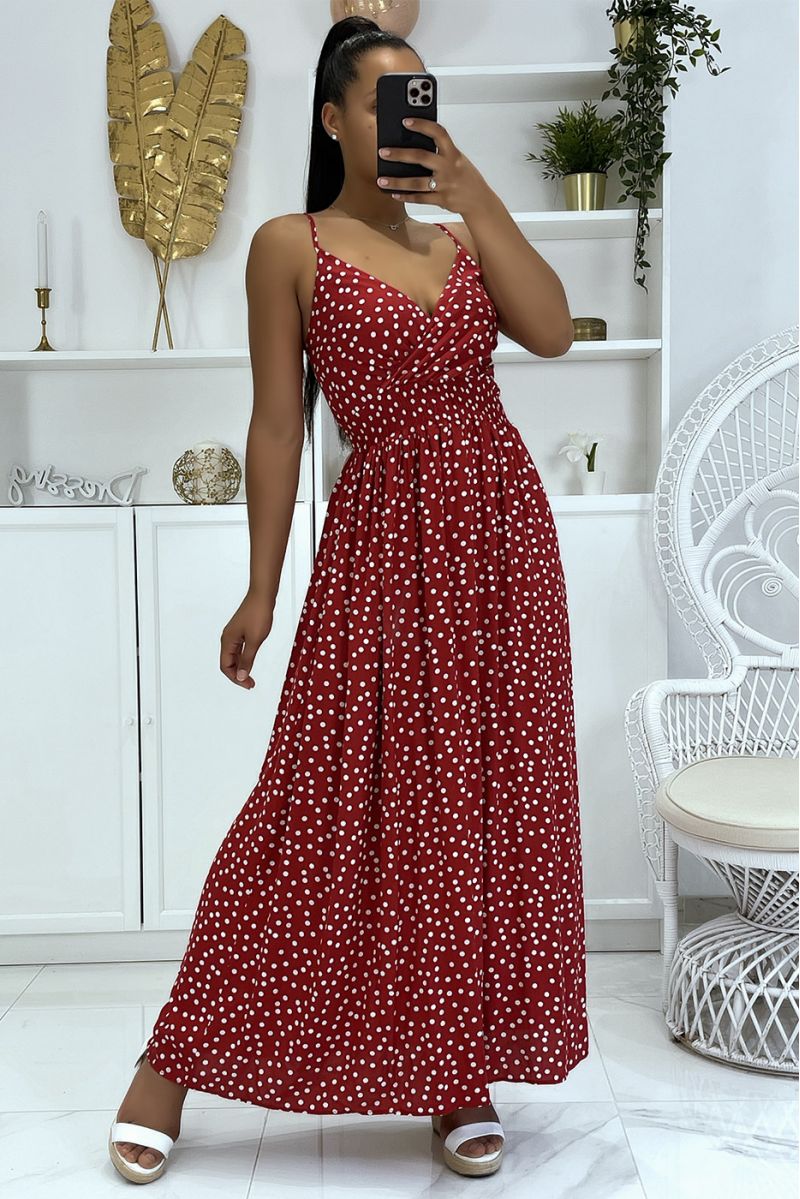 Long red polka dot dress with strap - 1