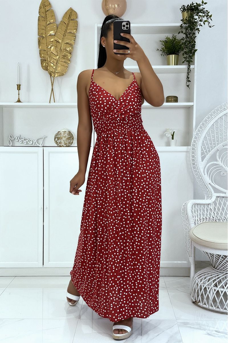 Long red polka dot dress with strap - 2