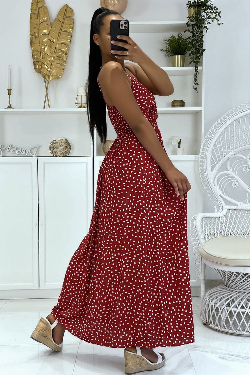 Long red polka dot dress with strap - 4