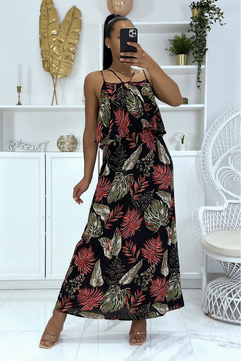 Long black dress with foliage pattern and ruffle - 1