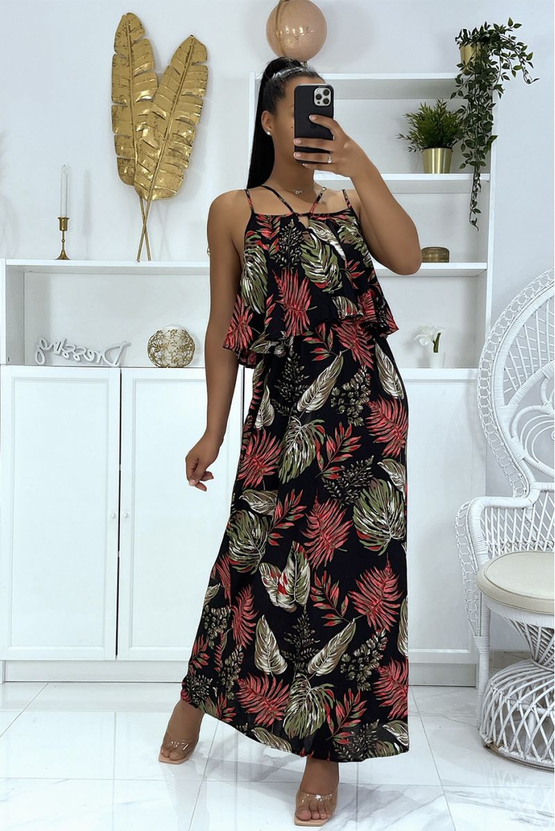 Long black dress with foliage pattern and ruffle - 2