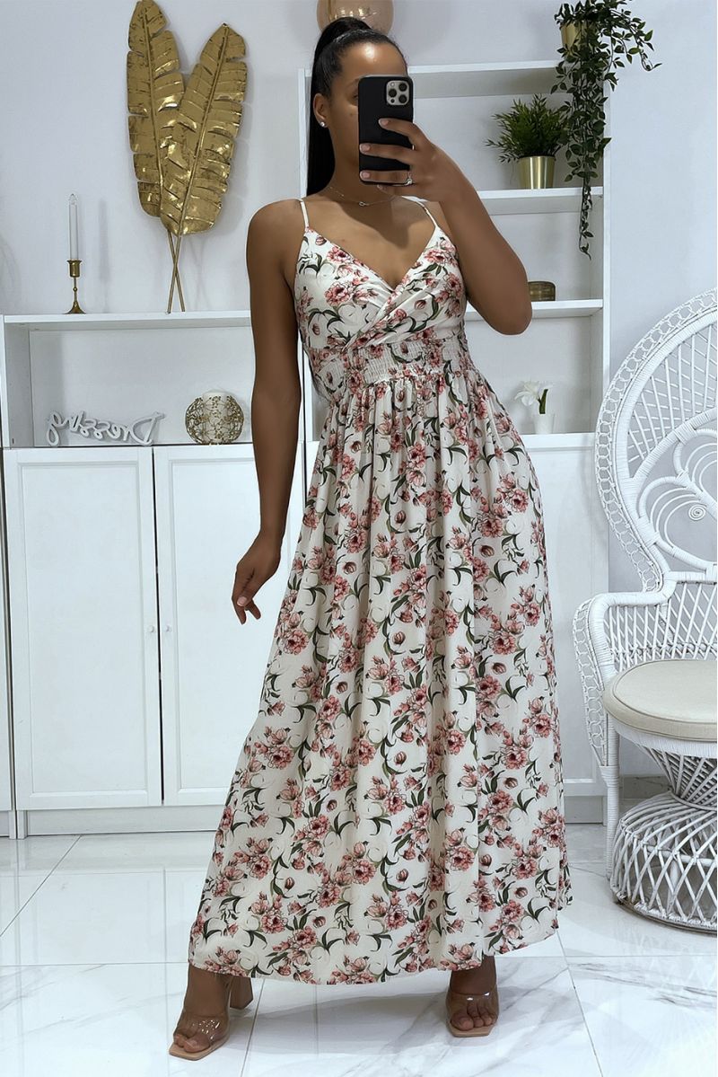 Long beige floral dress with strap - 1