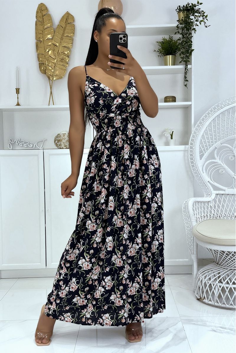 Long navy dress with floral pattern with strap - 1