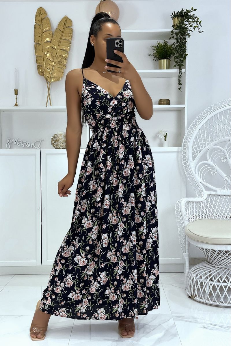 Long navy dress with floral pattern with strap - 2