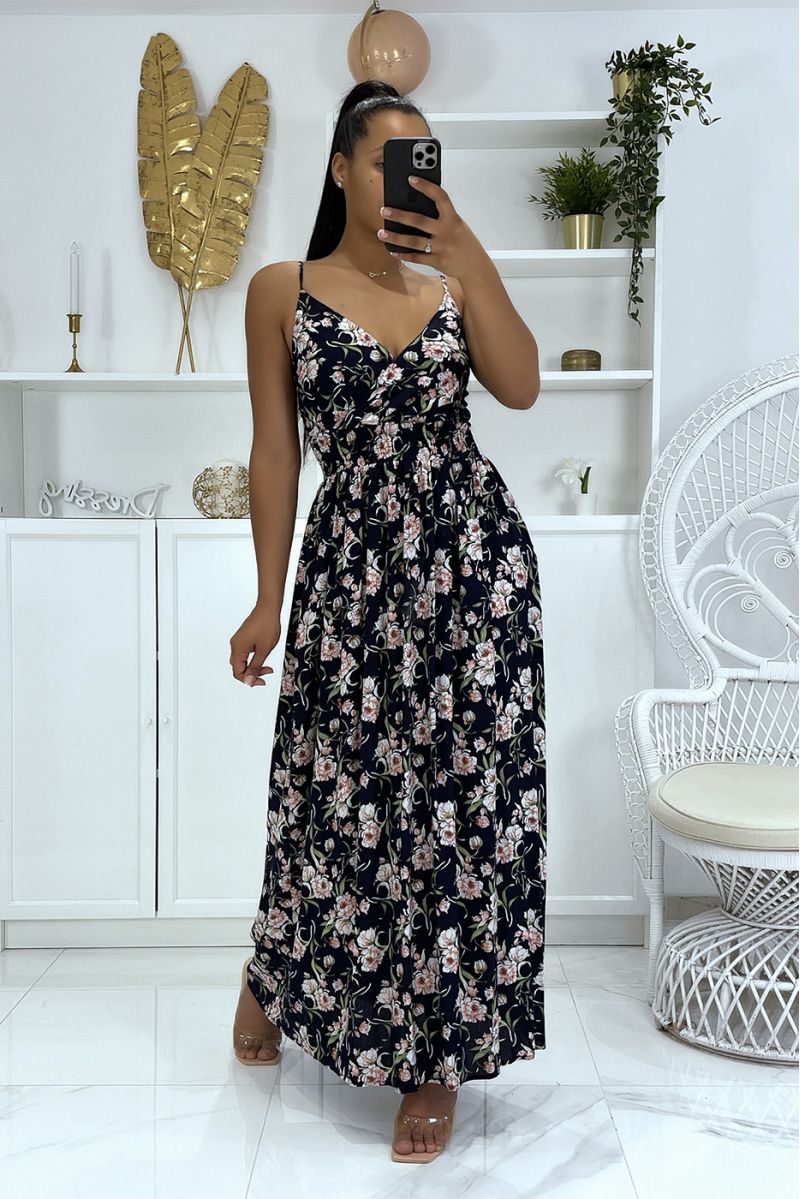Long navy dress with floral pattern with strap - 3