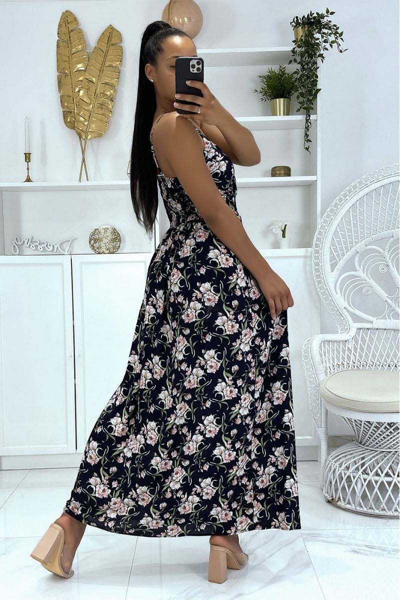 Long navy dress with floral pattern with strap - 4