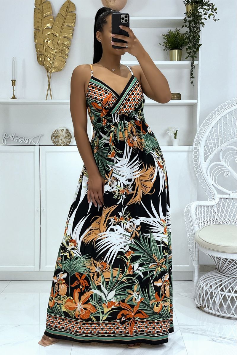 Long sheer dress with strap, predominantly black foliage pattern - 2