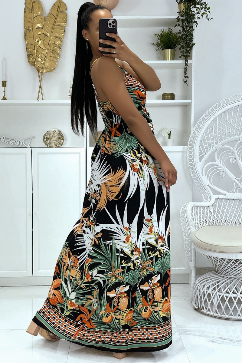 Long sheer dress with strap, predominantly black foliage pattern - 3