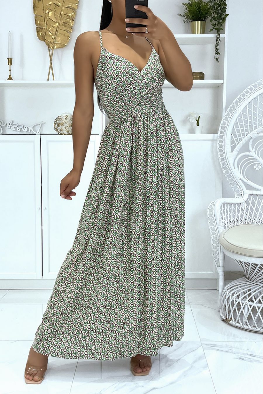 Long green dress with floral pattern with strap - 1