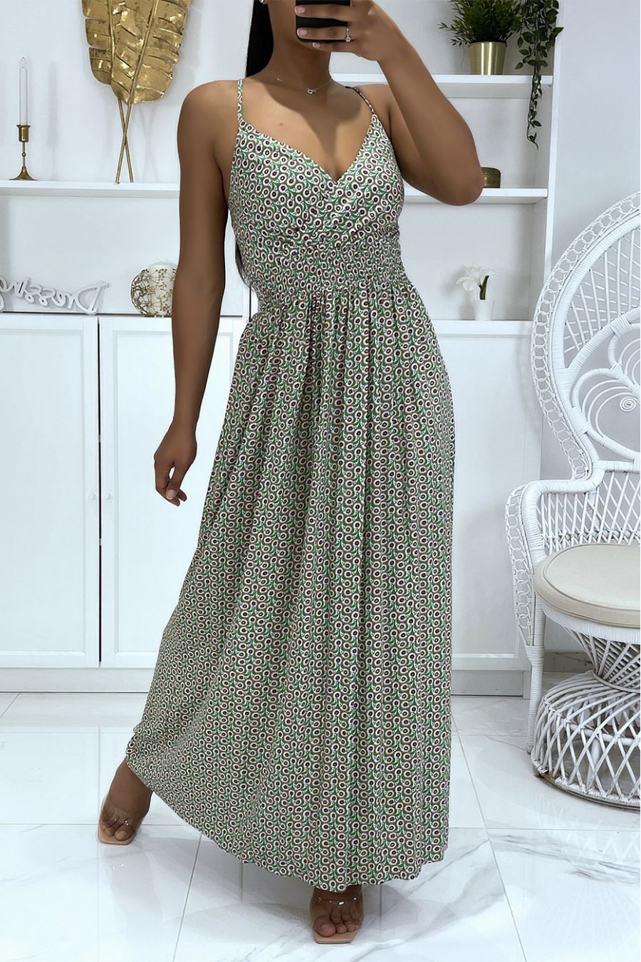 Long green dress with floral pattern with strap - 2