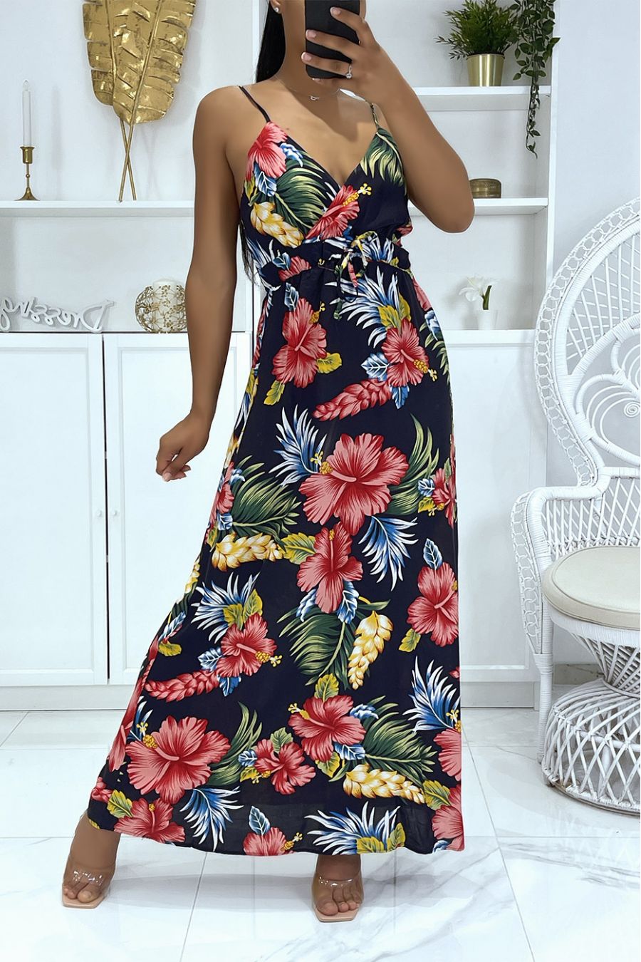 Long dress with strap, predominantly navy foliage pattern