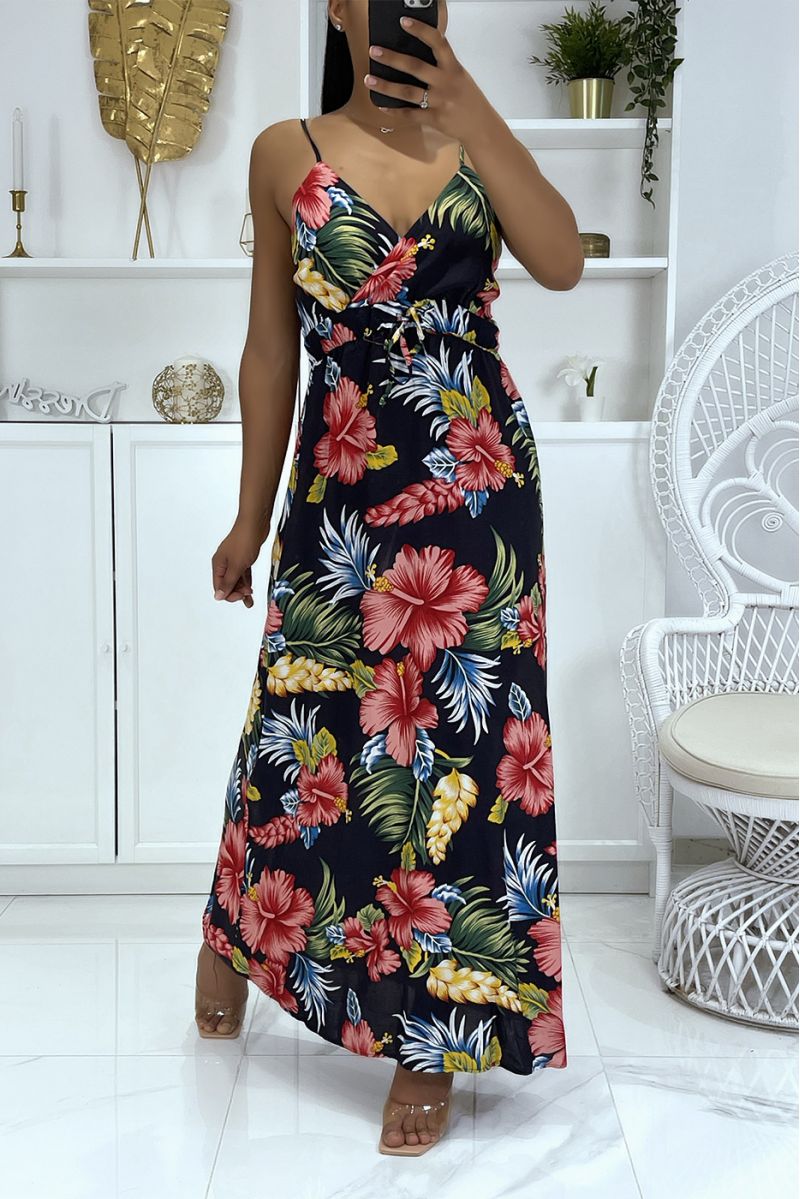 Long dress with strap, predominantly navy foliage pattern - 2