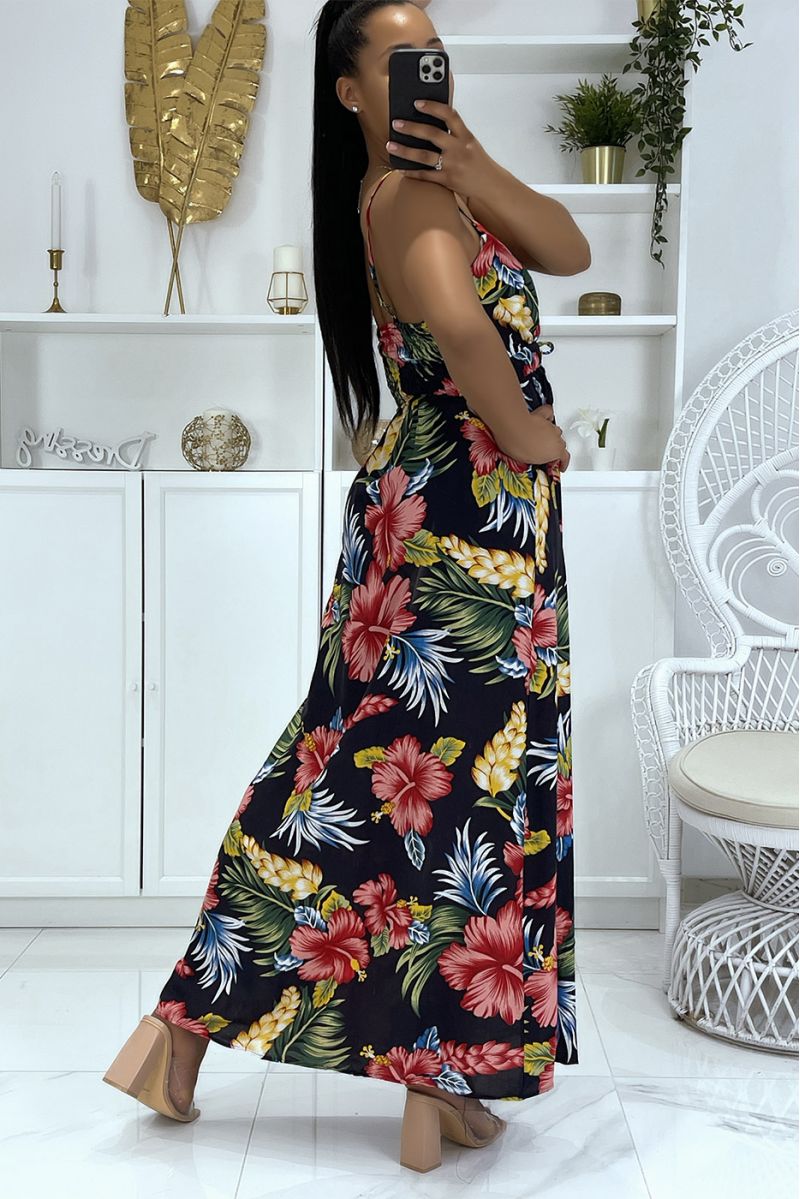 Long dress with strap, predominantly navy foliage pattern - 3