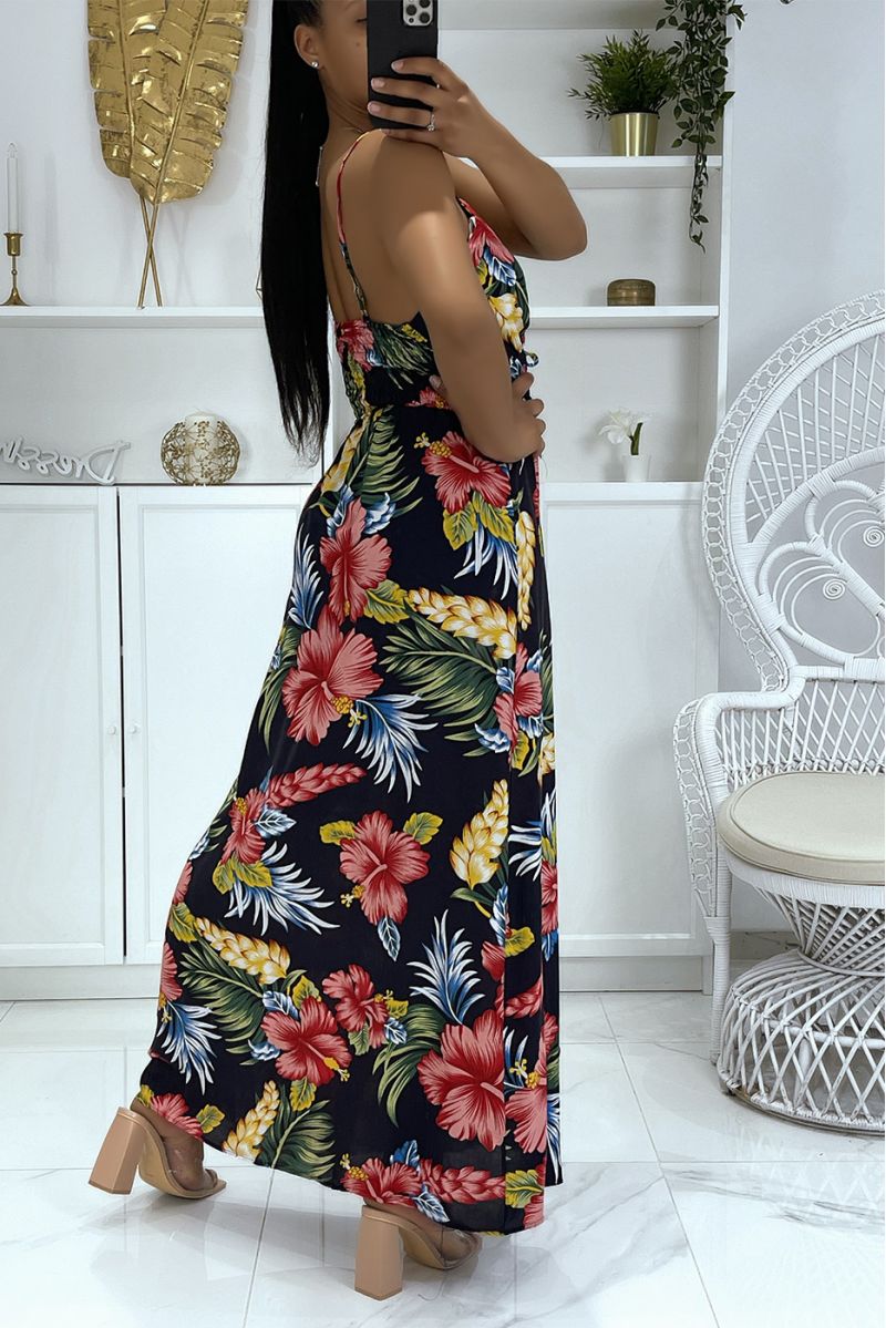 Long dress with strap, predominantly navy foliage pattern - 4