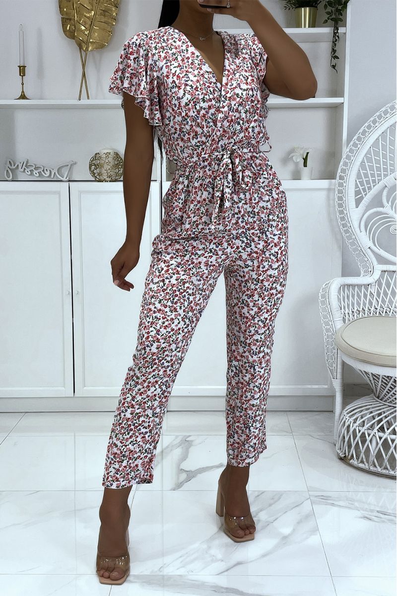 Very chic floral white jumpsuit with pockets and belt - 1