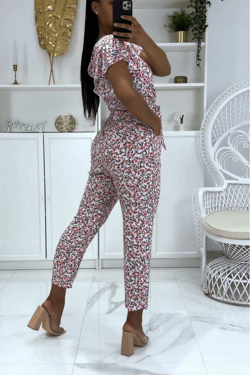 Very chic floral white jumpsuit with pockets and belt - 4