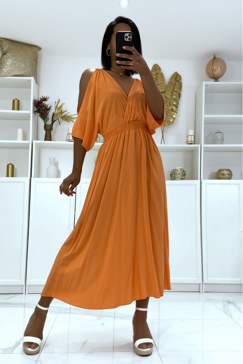 Longue robe orange col V à bretelles  - 1