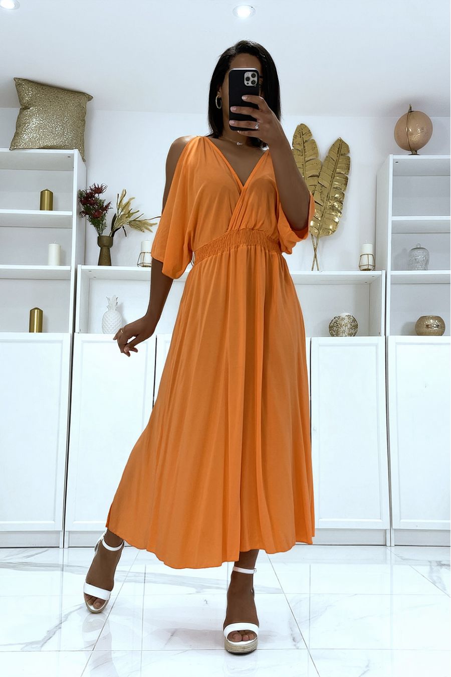 Longue robe orange col V à bretelles  - 2