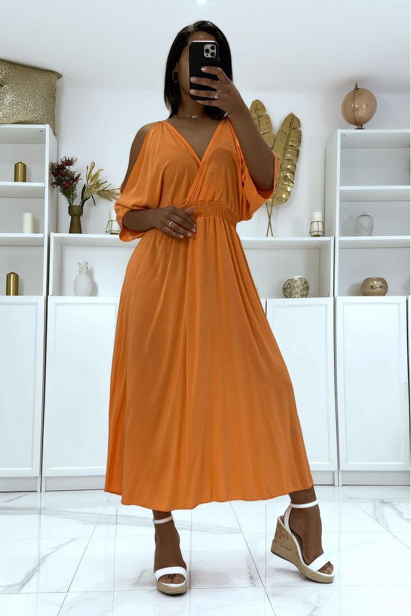 Longue robe orange col V à bretelles  - 3