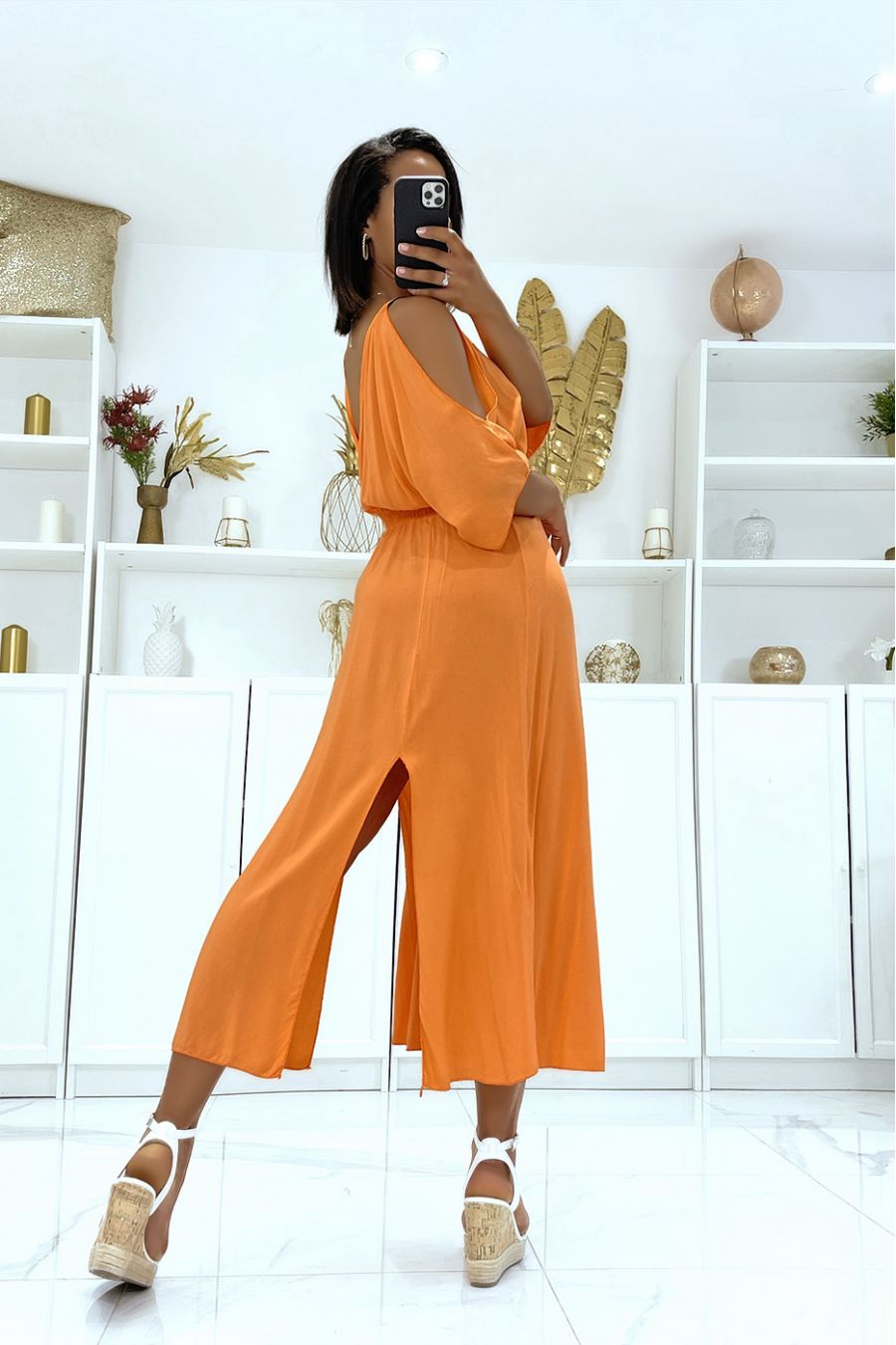 Long orange V-neck dress with straps - 5