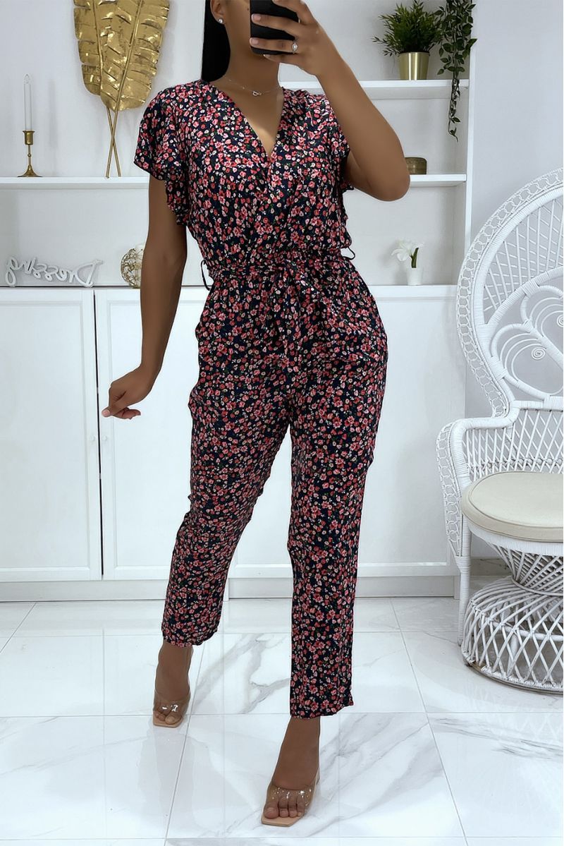 Very chic floral pattern navy jumpsuit with pockets and belt - 2