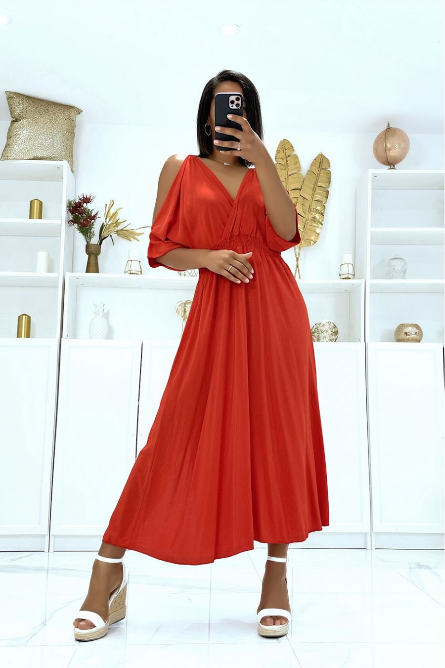 Longue robe rouge col V a bretelles