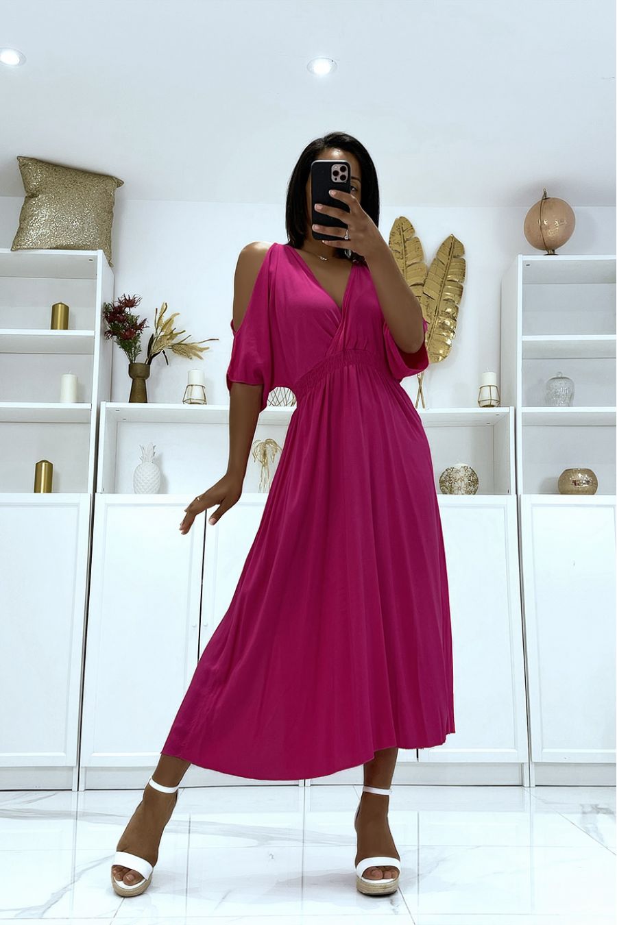 Long fuchsia V-neck dress with straps - 1