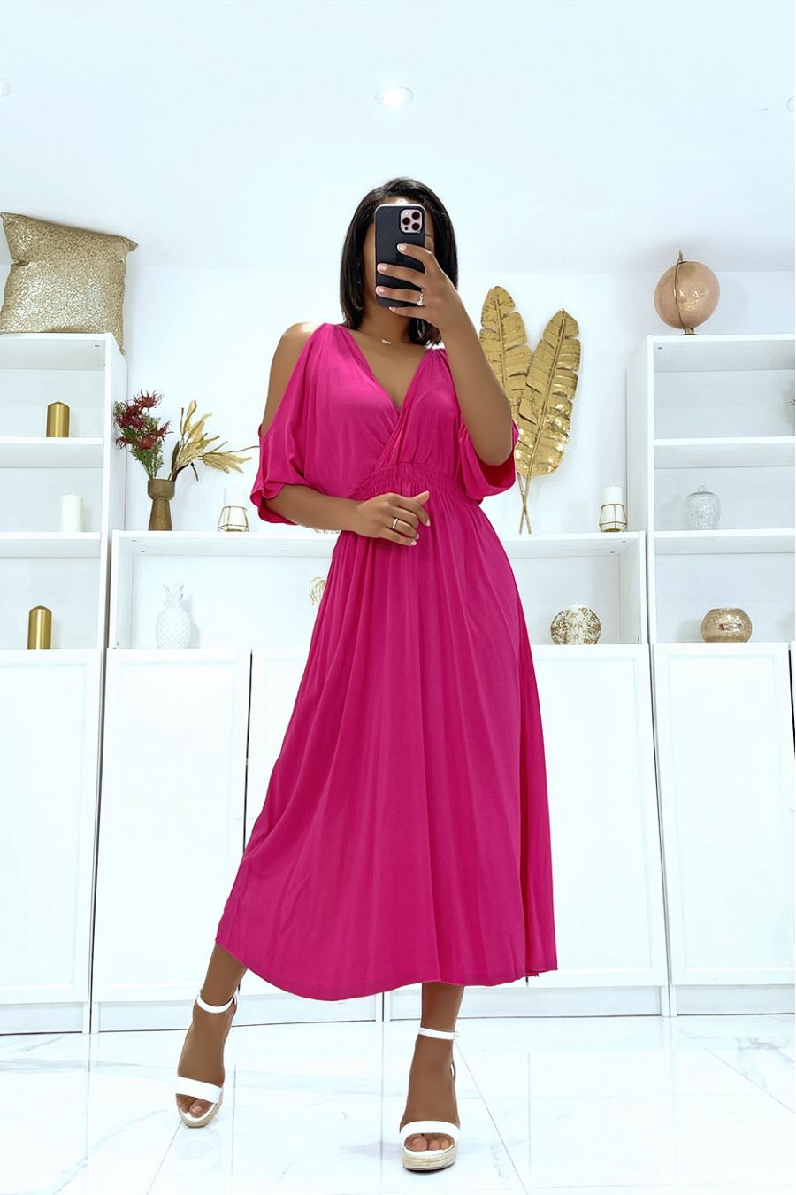Long fuchsia V-neck dress with straps - 2